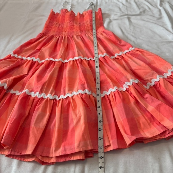 Sundress The Brand Large / XL Big Gingham Coral Smocked Rickrack DRESS Beach - Picture 7 of 9